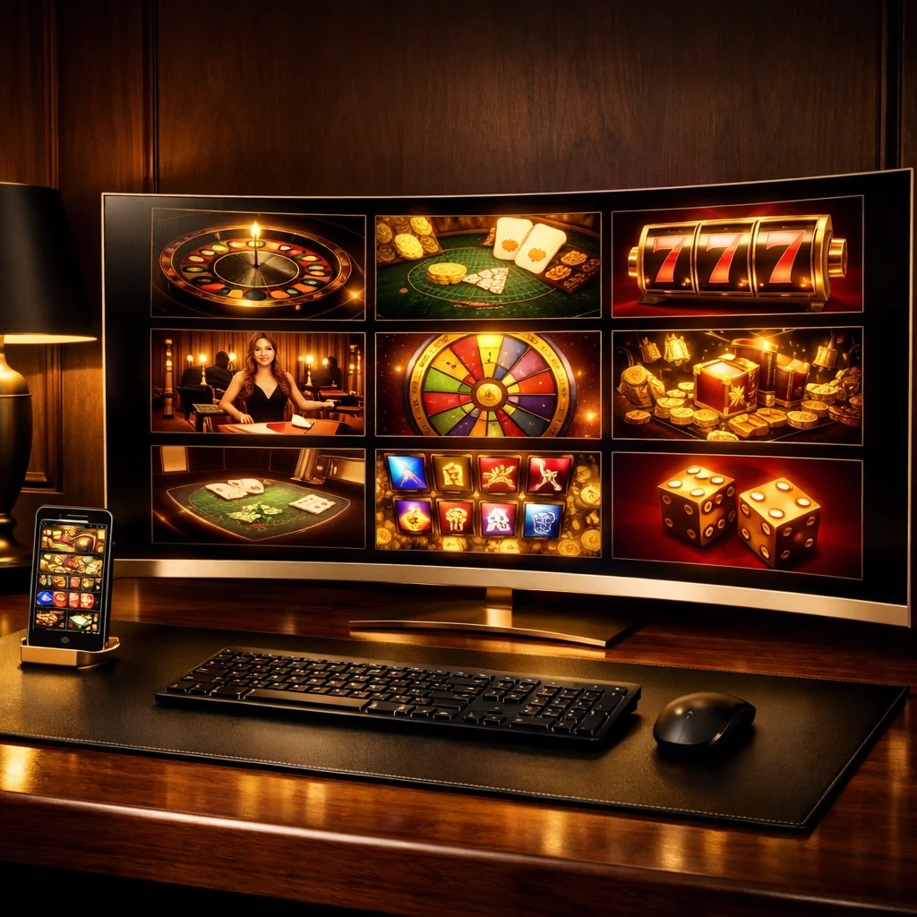 Casino op laptop, tablet en smartphone naast elkaar op marmeren tafel